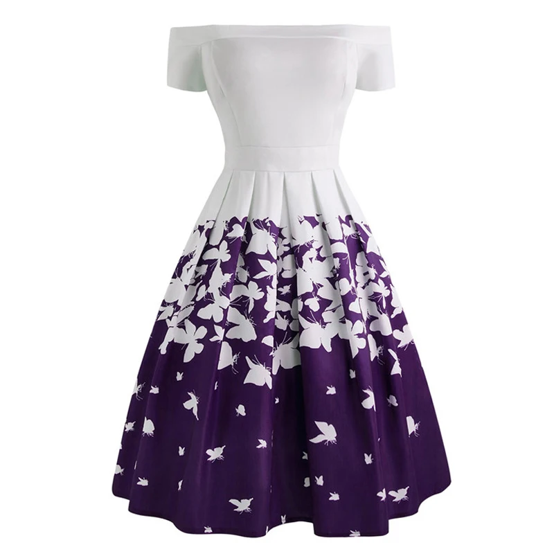 

Women 1950s Vintage Off Shoulder Party Dress Butterfly Print Midi Pleated Dress Slash Neck Elegant Summer Retro Ladies Dresses