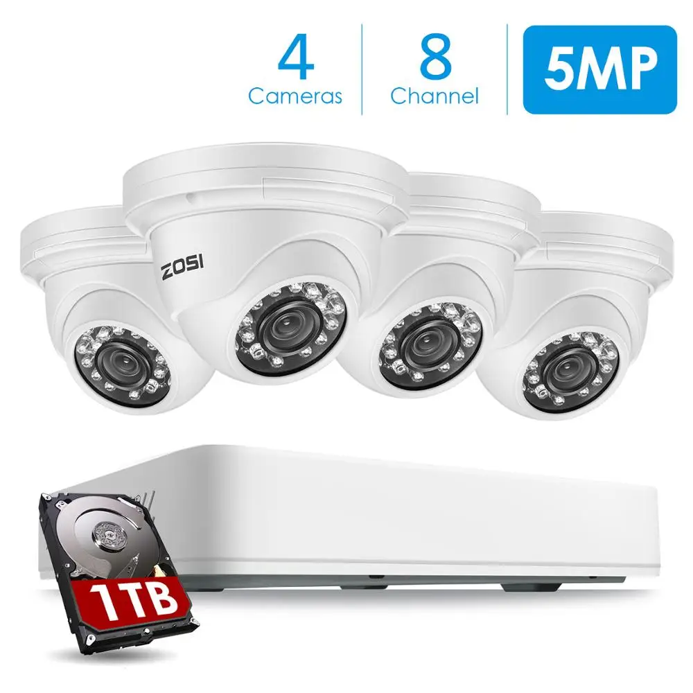 Камера видеонаблюдения ZOSI Super HD 5 МП система безопасности 8 каналов H.265 DVR ТБ 4 шт.