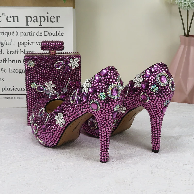 Women Wedding Shoes Bride Purple Crystal Party Shoes With Matching