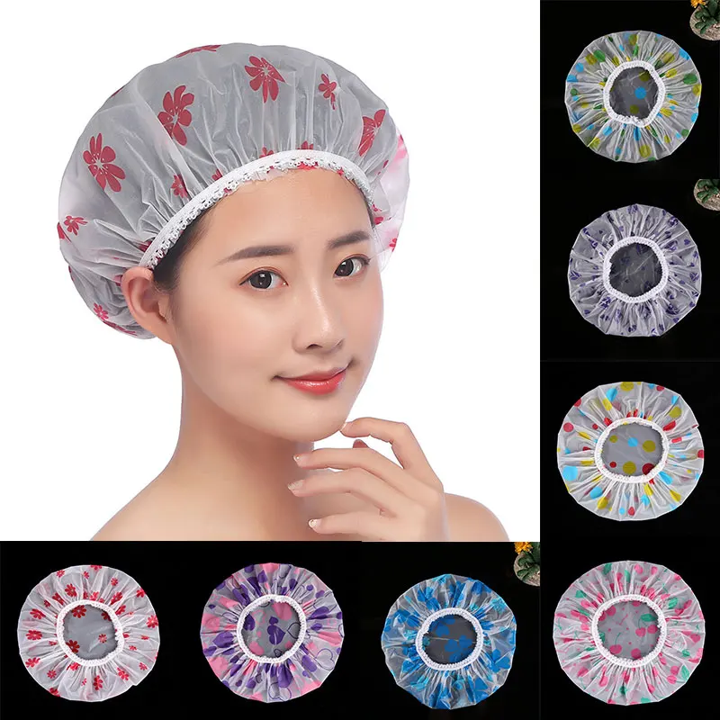 Frosted Printed Lace Shower Cap Thick Waterproof Bathing Caps