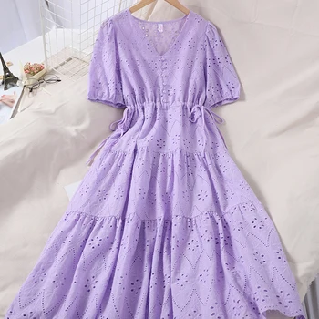 

2020 Purple/White Hollow Out A-line Women Dress Summer 2020 Short Sleeve Korean Chic Vestidos Vintage Single Breasted Dress New