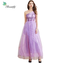 Модное фиолетовое выпускное платье из тюля и пайеток без рукавов с одним плечом длиной до пола Пышное Платье