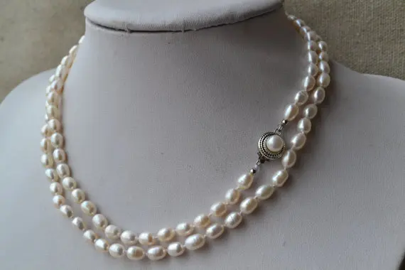 

New Favorite Pearl Long Necklace White Rice 8mm Genuine Freshwater Pearl Handmade Jewelry Birthday Party Nice Lady Gift