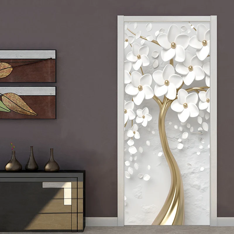 Самоклеящаяся дверь стикер 3D стерео белые цветы Настенные обои Гостиная Спальня домашний декор плакат с изображением двери водонепроницаемый стикер