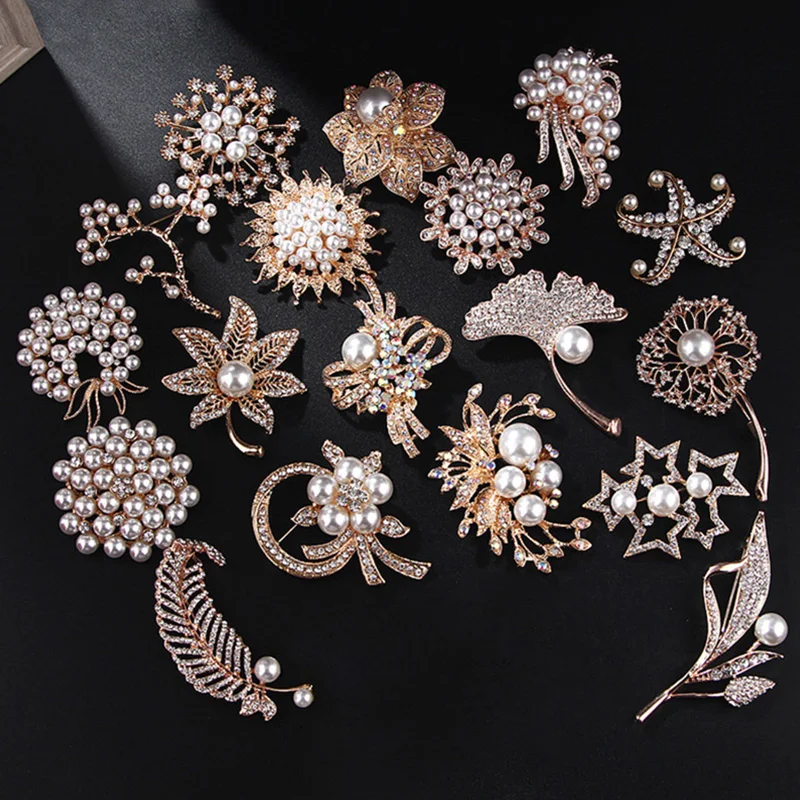 Full Bling rystal Leaf Brooches Pins Vintage Style Imitation Pearl Big  Women Brooch Wedding Accessories Jewelry