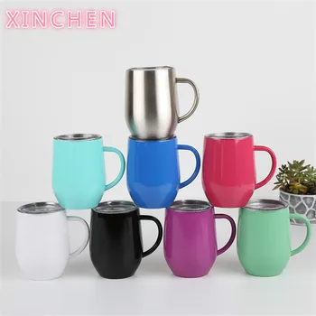 

XINCHEN 12oz Double Wall Vacuum Insulation Egg Shaped Cup Stainless Steel Mug with Handle and Lid Keep Hot and Cold Coffee Mug