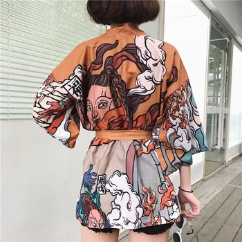 

Female Kimomo Gown Cardigan Kimono Japones Clothing Women Haori Satin Print Japanese Kimono Traditional Obi