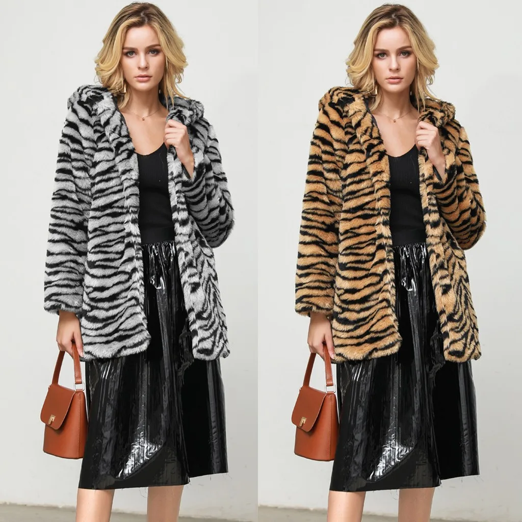 Leopard Faux Fur Outwear Women Loose Hooded Pocket Coat Womens Warm Jacket Female Autumn Winter Faux Fur Coat abrigo mujer