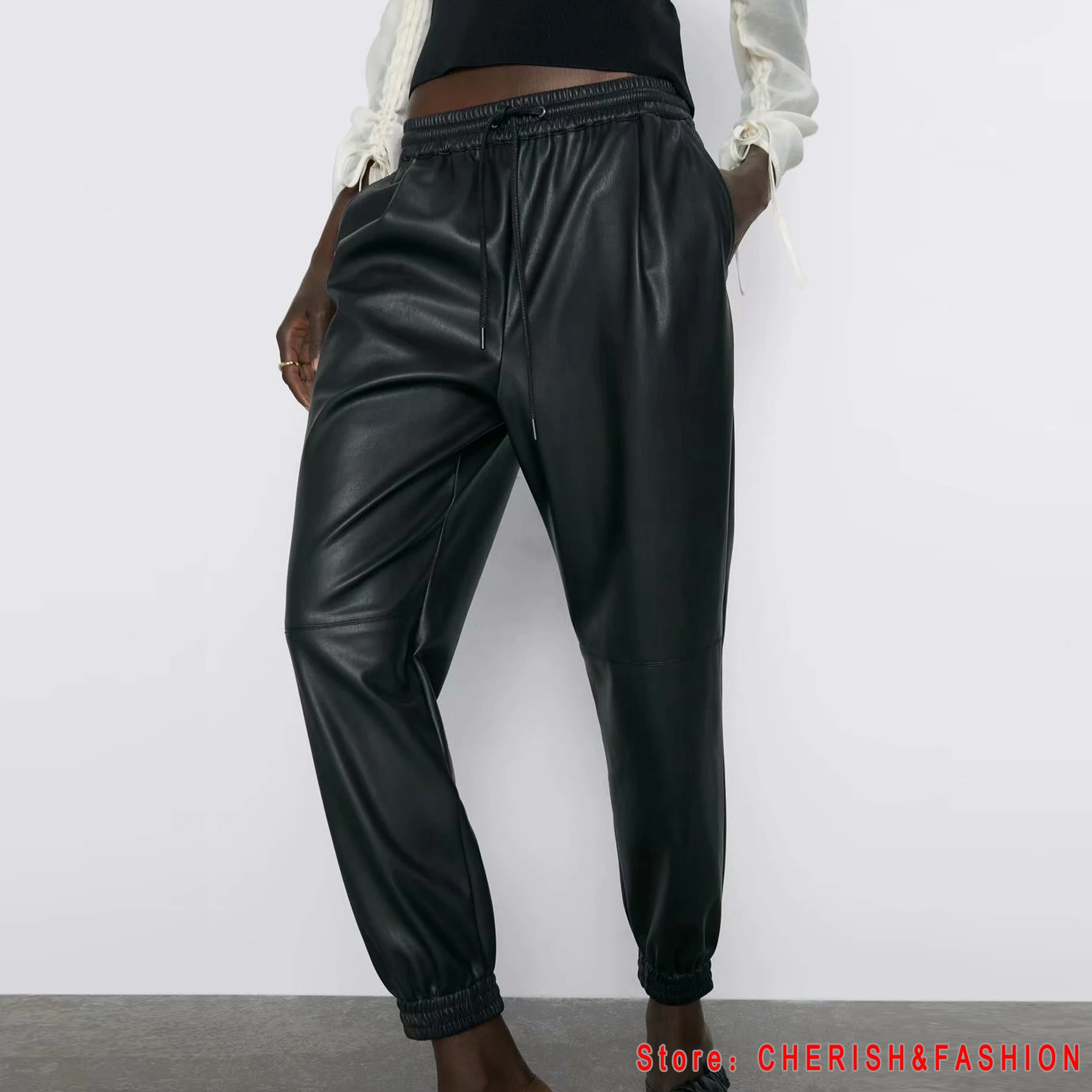 Pants Pencil-Trousers Faux-Leather Winter Women Pocket Streetwear Loose Autumn Black