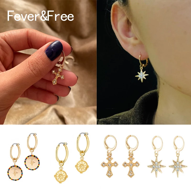 Женские маленькие серьги кольца Fever & Free романтичные круглые с крестом стразы