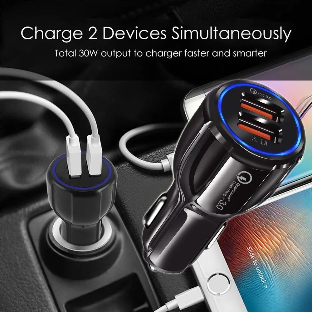 Универсальное автомобильное двойное зарядное устройство USB Quick Charge 3,0, зарядное устройство для мобильного телефона, 2 порта USB, быстрое автомобильное зарядное устройство, автомобильные аксессуары