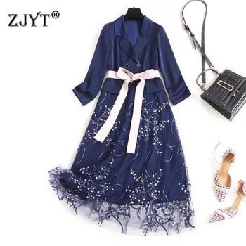 

2020 Europe New Fashion Designer Spring Dress for Women Lace Up Turn Down Collar Embroidery Tulle Patchwork Office Casual Dress