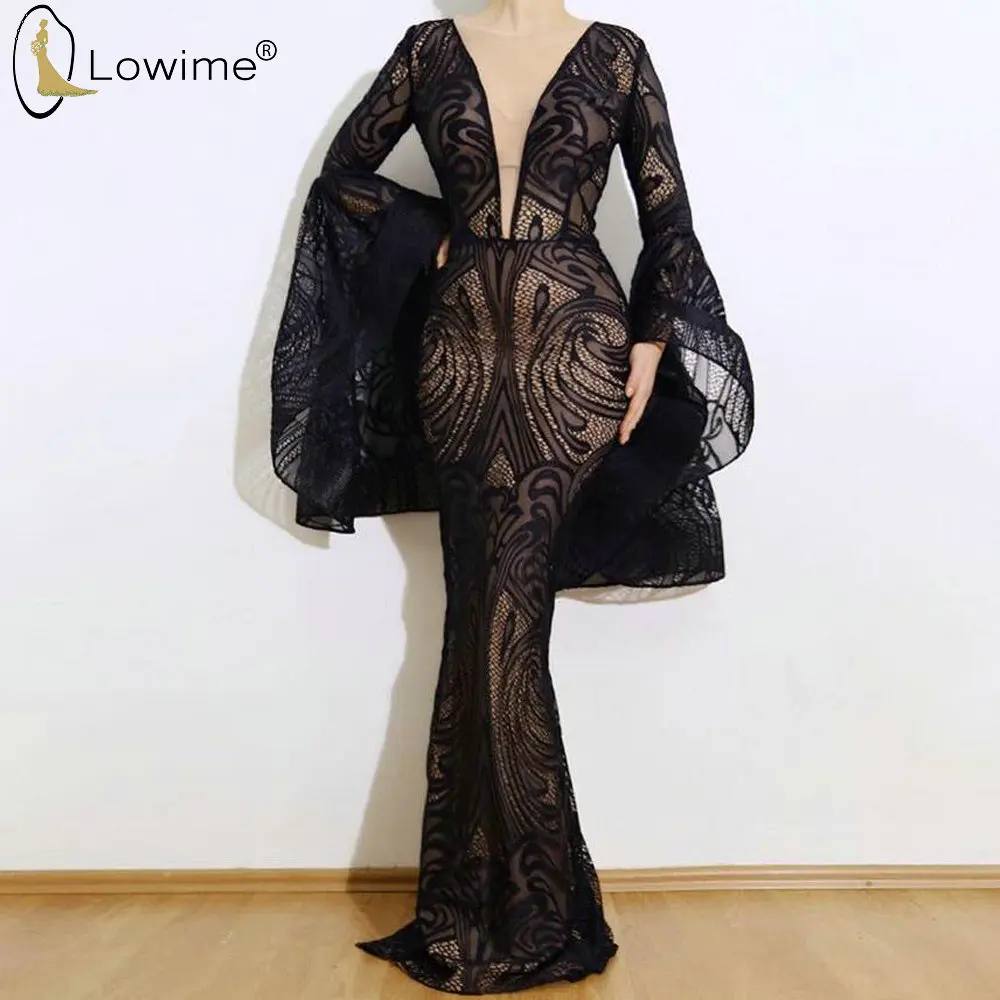 

Muslim Style Black Long Sleeve Mermaid Evening Dresses Deep V Neck Floor Length Kaftan Robe De Soiree Prom Party Gowns