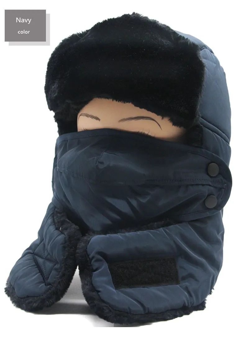 Free Shiping Outdoor Hat Cap Men Women Winter Warm Thick Windproof Earflap Soft Plush Fur Snow Hat Mouth Muffle зимняя шапка - Цвет: Navy