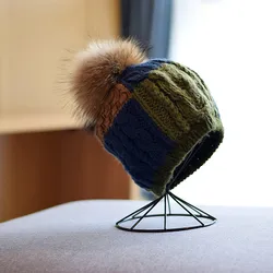 Beret Women Winter Hat Knit Real Fur Pompom Autumn Warm Skiing Accessory For Outdoors Luxury