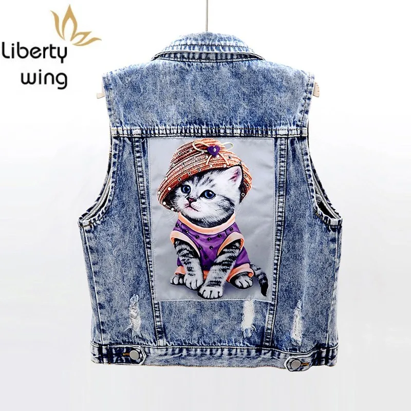 Women Summer Sleeveless Denim Jacket Kawaii Cat Printed Vest Top Hole Ripped Rivets Waistcoat Ladies Casual Jean Vests Coat | Женская