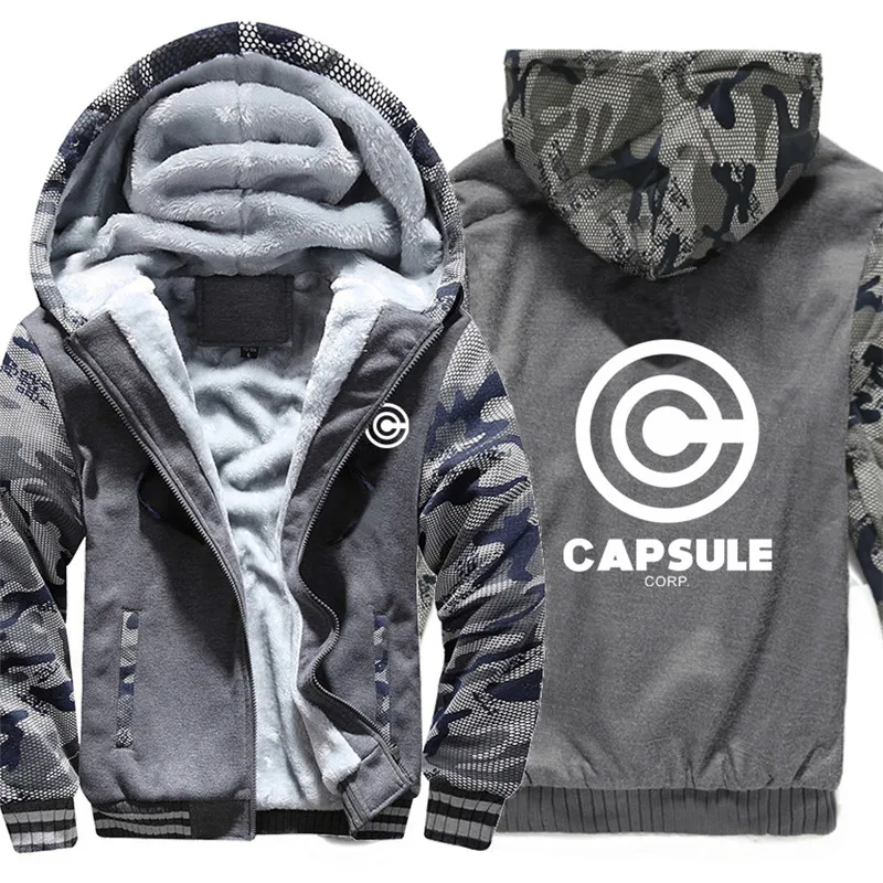 В стиле аниме «Драконий жемчуг зет чехол Capsule corp толстовки зимняя камуфляжная теплая зимняя куртка с капюшоном на утином Для мужчин флис Dragon Ball Z кофты