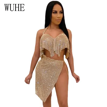 

WUHE Glitter Sequined Two Piece Outfits for Women Sexy Halter Backless Top and High Split Mini Skirt Lady 2 Piece Matching Sets