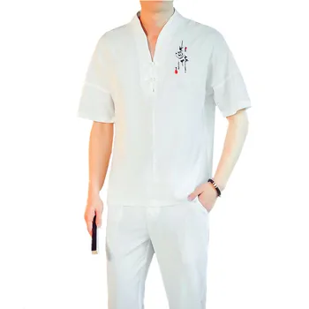 

summer white men embroidered t shirts and Ankle-Length pants black gray Chinese retro mens two-piece sets large size s-5xl