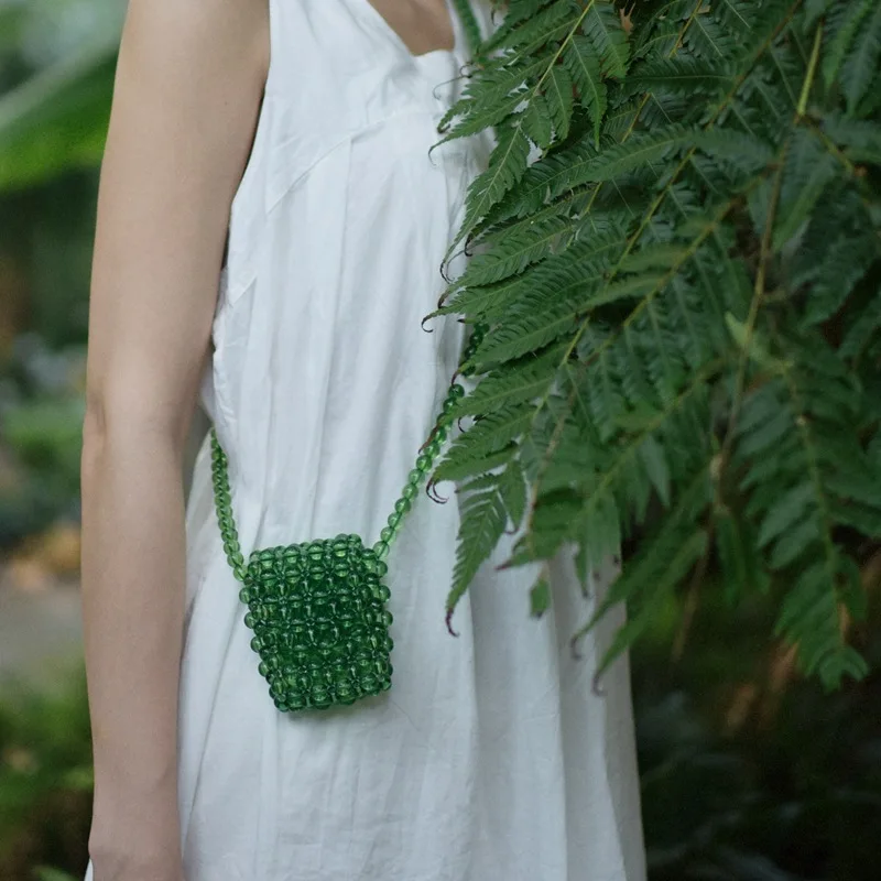 

Summer Handmade Mini Lipstick Coin Purse Candy Color Transparent Beaded Messenger Bag Ladies Evening Clutch Bag Beach Bag