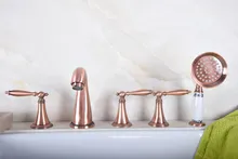 

Antique Red Copper Brass Widespread Three Handles Deck Mounted 5 Holes Bathroom Tub Faucet Mixer Tap With Handshower mtf196