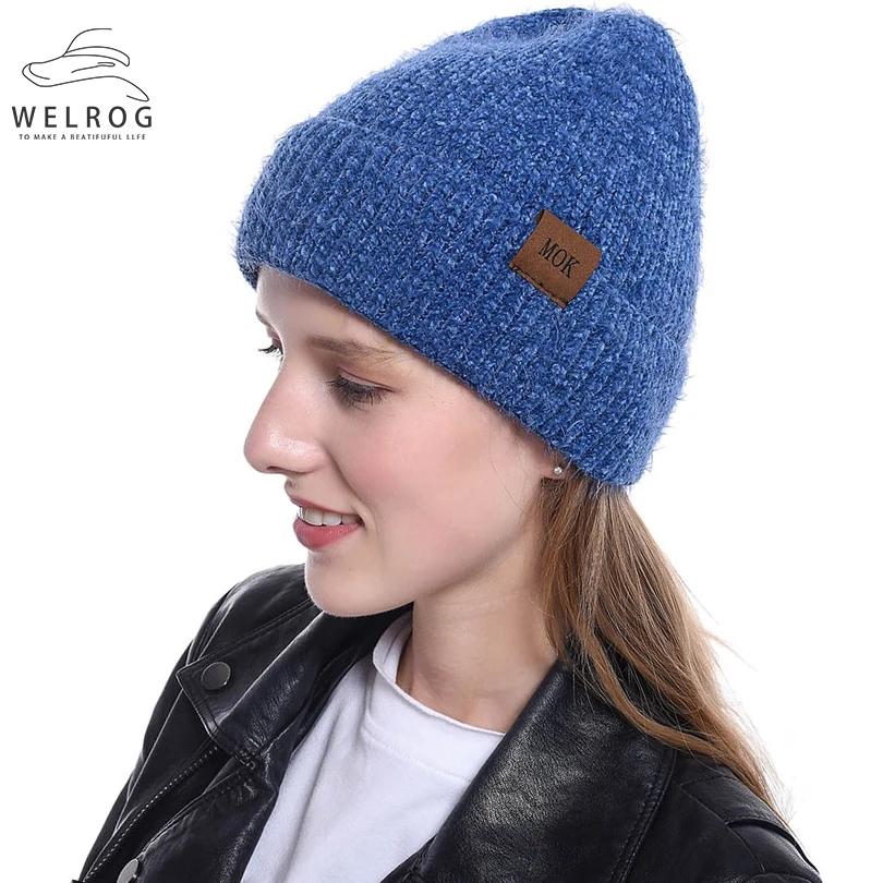 WELROG вязаные шапочки из синели, имитирующие шерсть, толстая шапка s для женщин, однотонные теплые шапочки, шапка-маска, шапка для часов для девочек