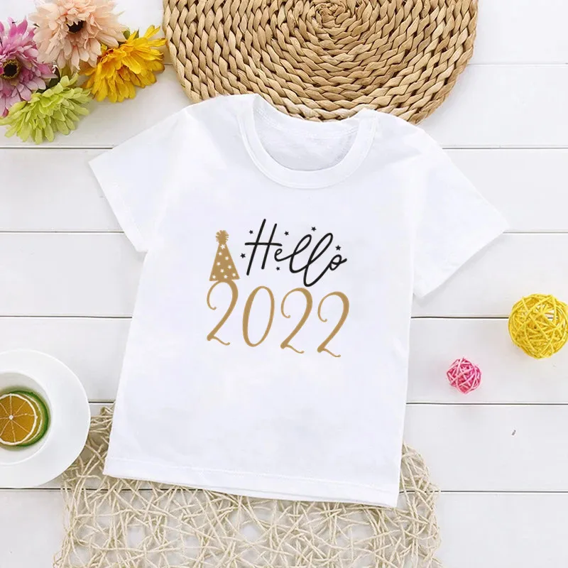 

New Hello 2022 Children T-shirts White Pink Short Sleeve T Shirt Casual Kids Clothes Boys Girls New Year Clothes Christmas Gift
