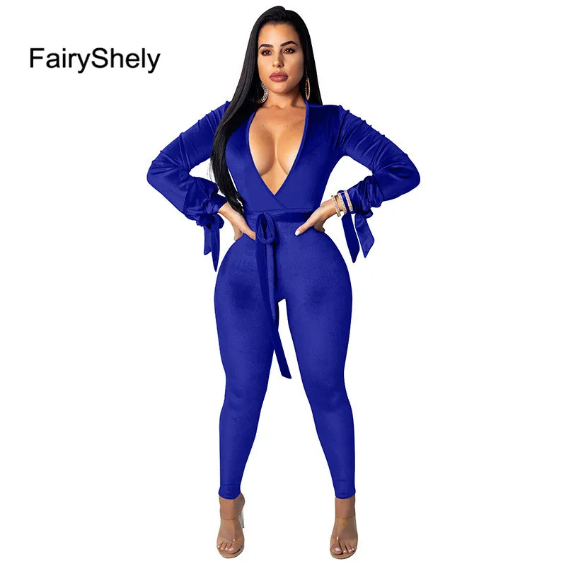 FairyShely осенне-зимний синий бархатный комбинезон с глубоким v-образным вырезом, женский сексуальный комбинезон с длинным рукавом и открытой спиной