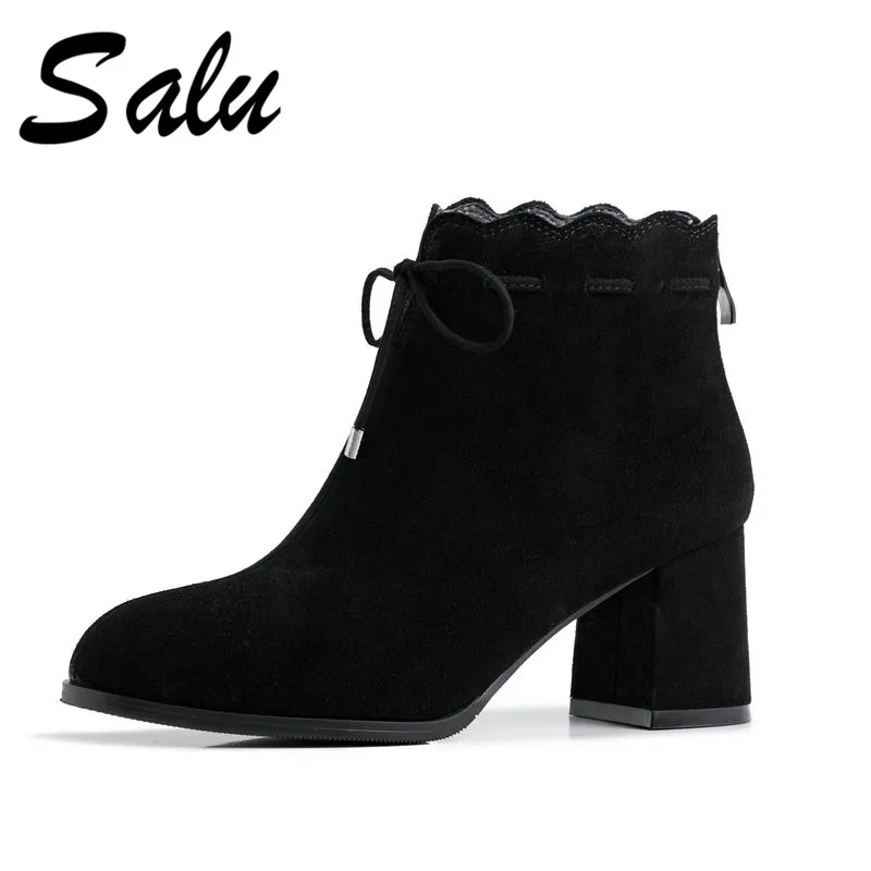 

Salu Top Quality Cow Suede Women Ankle Boots Square Toe Square Heels Zipper Elegant Chelsea Boots Autumn Winter Basic Shoes