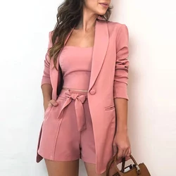 Terno feminino conjunto de três peças outono moda escritório senhoras de manga comprida jaqueta estilingue topo shorts femininos terno