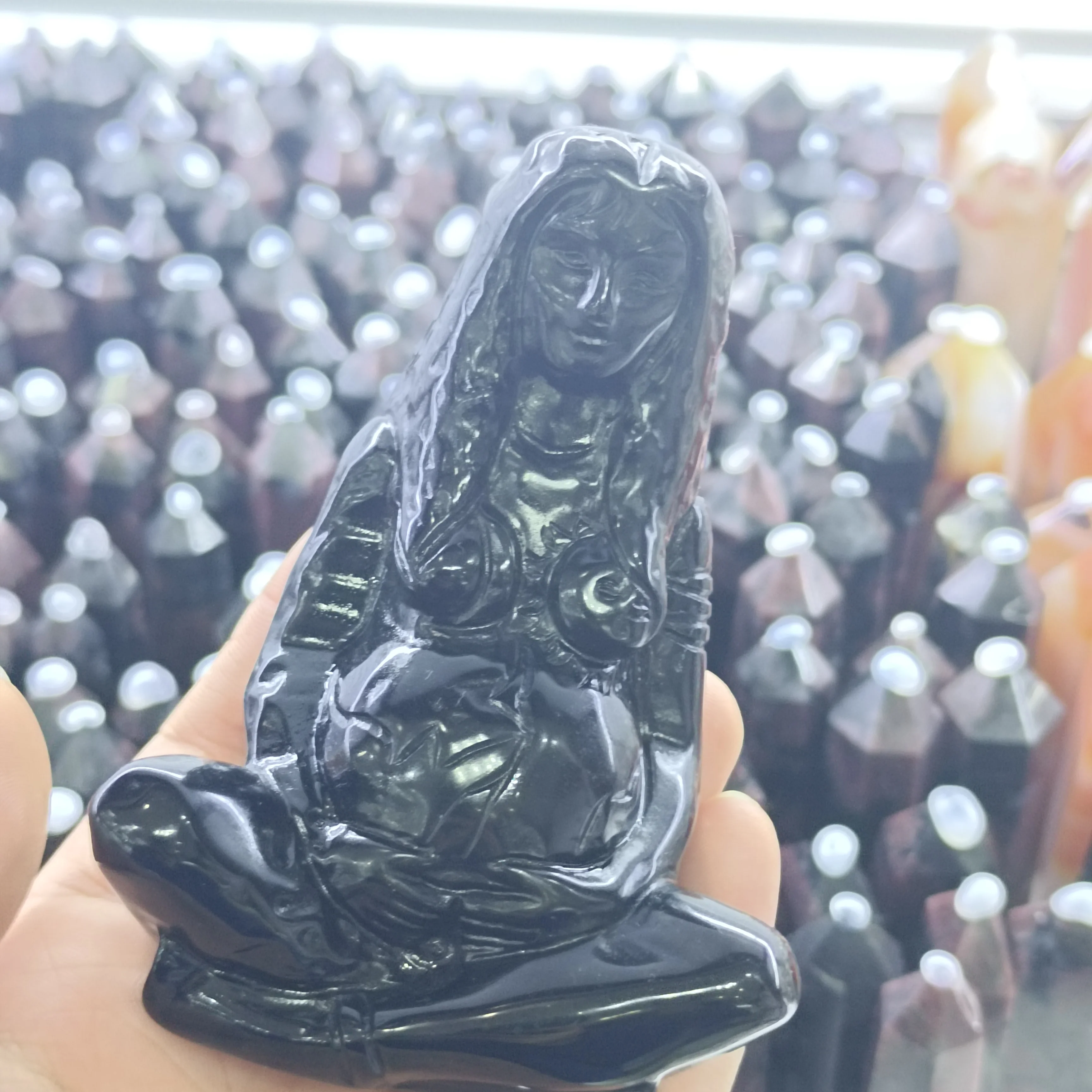 

10cm 1pc Natural Crystals Mother Earth of Obsidian carving Figurine Crafts Ornaments Goddess of Art Figurine Gifts home decor