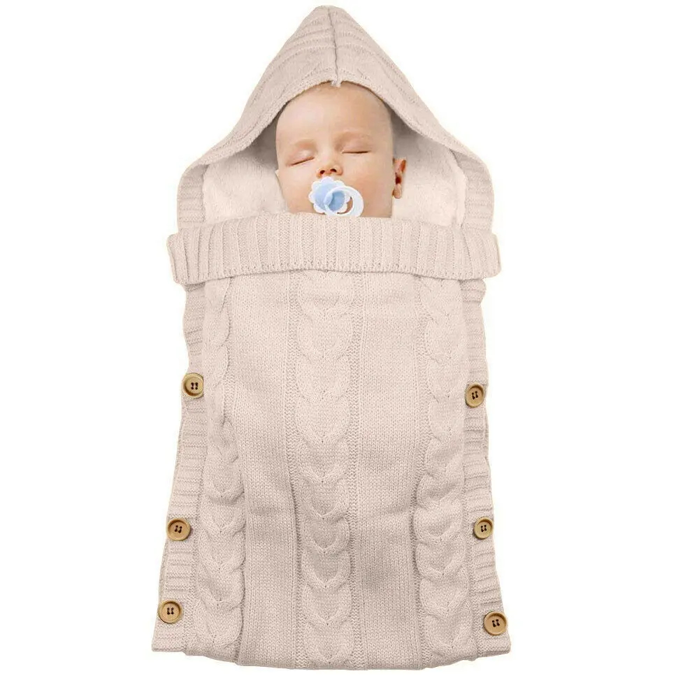 Зимняя теплая пеленка для новорожденных; вязаное крючком одеяло; спальный мешок для малышей; флисовая плотная коляска с капюшоном - Цвет: Бежевый