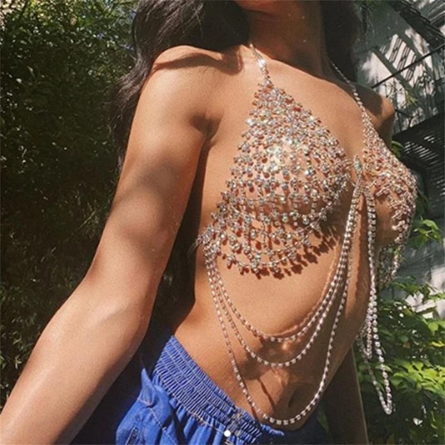 Fashion Rhinestone Multilayer Tassel Chain Bra Shiny Crystal Sexy