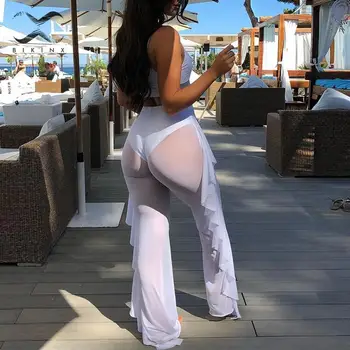 

Ruffle bikinis 2019 Mujer Sexy transparent swimsuit female Fashion summer beach wear See-through Cover up bottoms Long Trousers