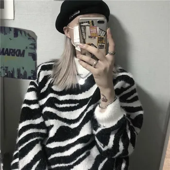 

Vintage Zebra Knitting Woman Sweater Round Neck Fashion Loose Long Sleeve Autumn Winter Female Pullovers