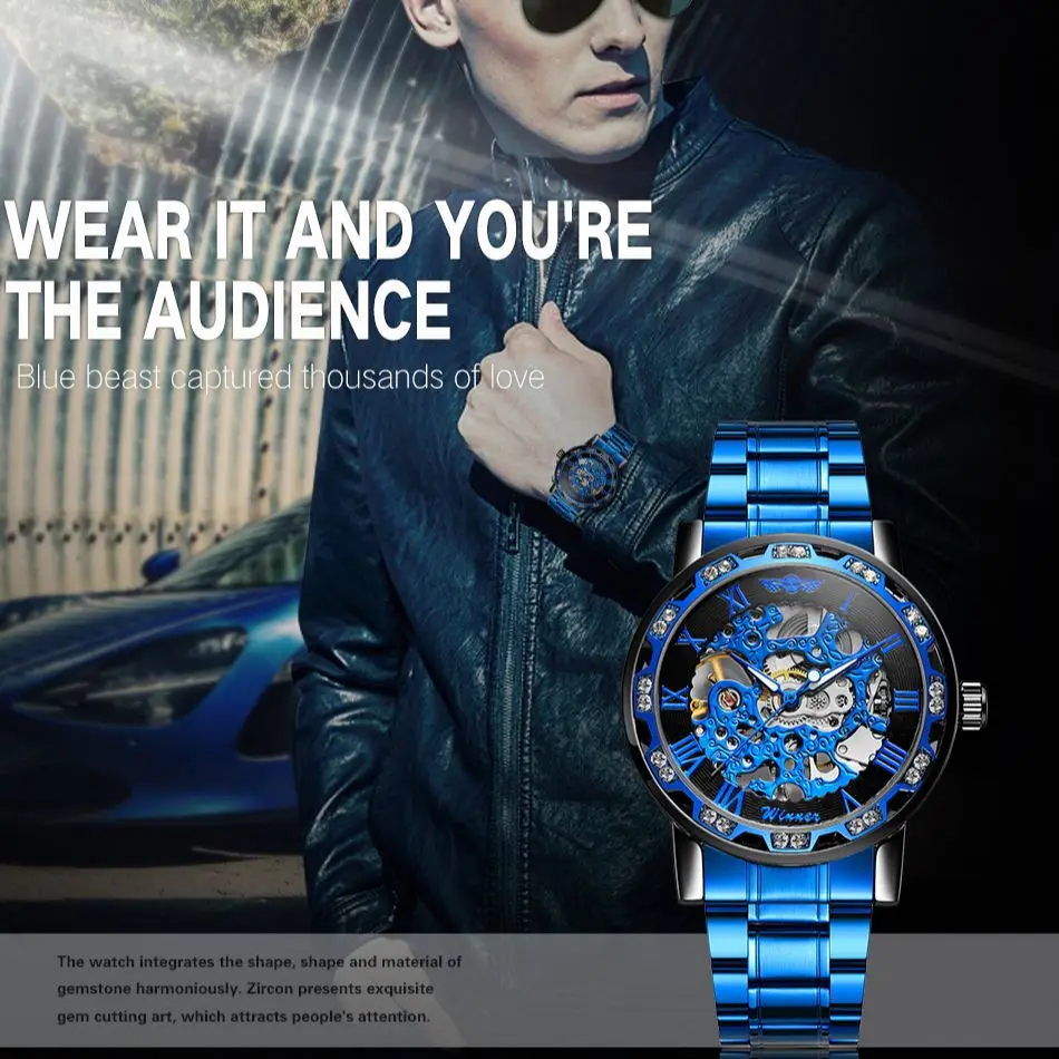 

Хит продаж, брендовые роскошные мужские прозрачные модные светящиеся часы со стразами, мужские механические наручные часы с королевским дизайном