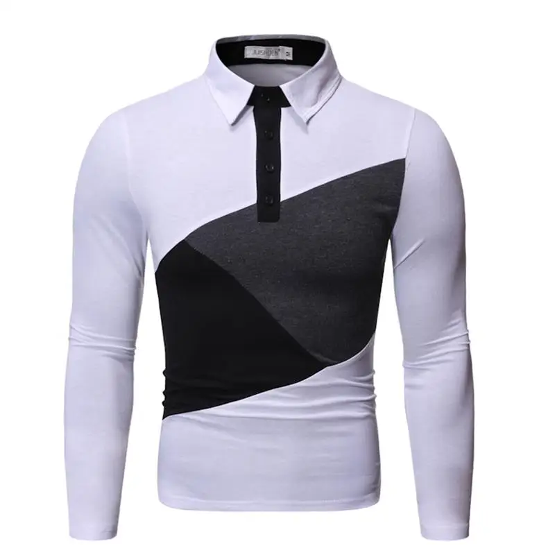 Camisa Polo Masculina, осенние модные мужские топы с длинным рукавом, контрастные сплайсинговые повседневные облегающие рубашки поло, молодежная одежда для подростков - Color: White