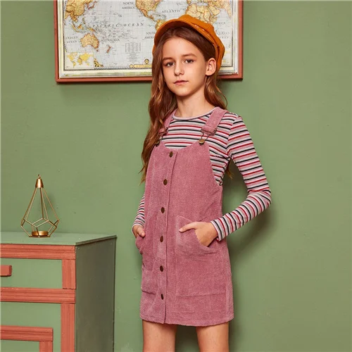 Розовый SHEIN Kiddie/розовое однотонное однобортное платье-сарафан для девочек; коллекция года; сезон осень; короткие платья без рукавов с карманами спереди - Цвет: Розовый