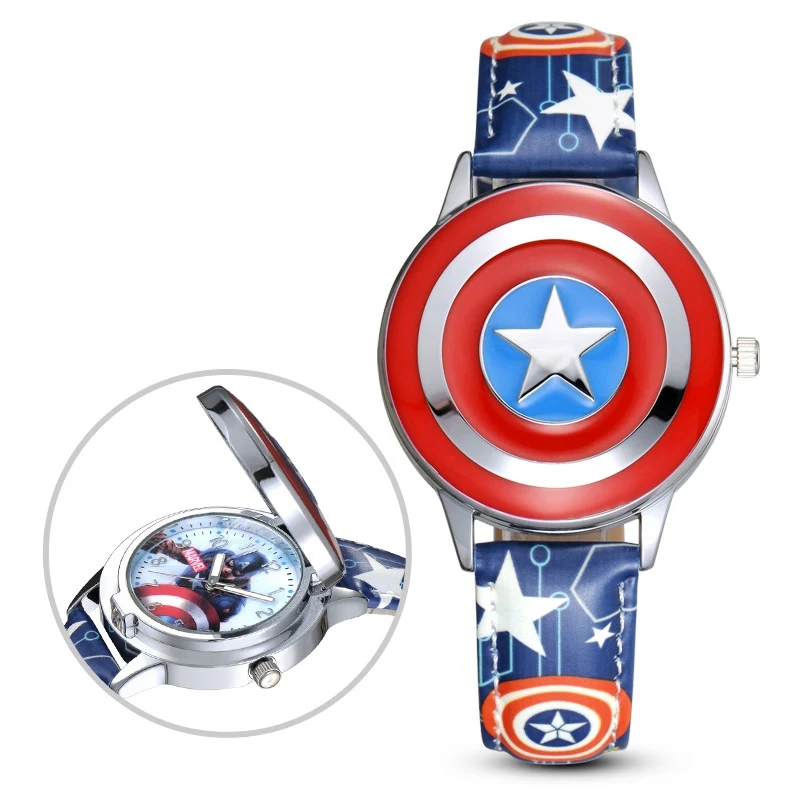Super Hero Marvel Avengers Captain America Children's Quartz Waterproof Flip Watch Child Leather Watches Iron Men Spider Cool - Цвет: 81032 Blue