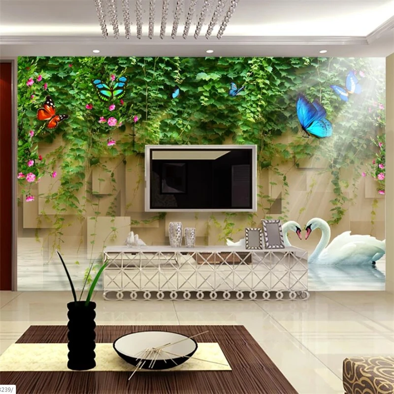 

beibehang Custom wallpaper 3d mural beautiful romantic flower vine swan lake background wall living room bedroom mural фотообои