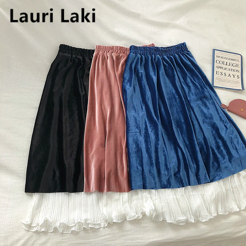 Плиссированная юбка миди, Женская эластичная юбка макси с высокой талией,, элегантные вечерние юбки, винтажная Осенняя Весенняя длинная теплая кружевная юбка