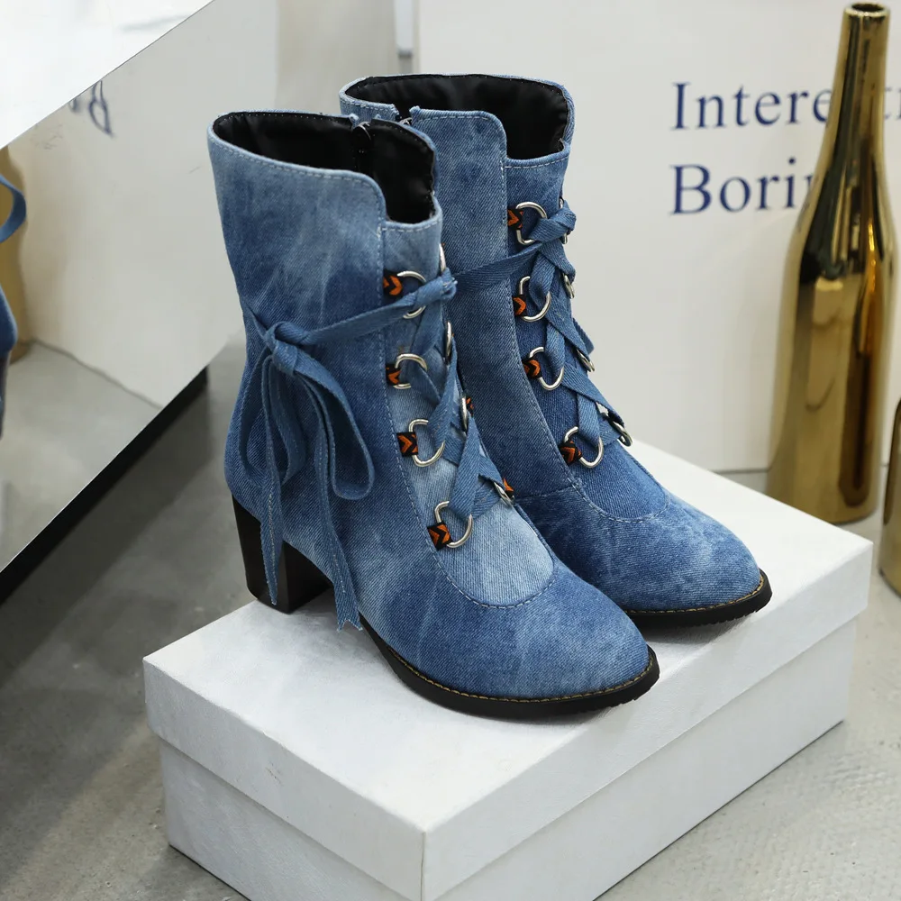 Ins/популярные женские ботильоны; большие размеры 22-28 см; ботильоны для женщин из джинсовой ткани в европейском и американском стиле; зимние женские ботинки