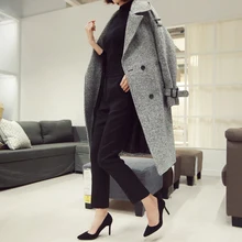 Новое осенне-зимнее корейское длинное женское пальто, элегантное женское двубортное пальто с отворотом и поясом, Повседневная клетчатая тонкая плотная верхняя одежда