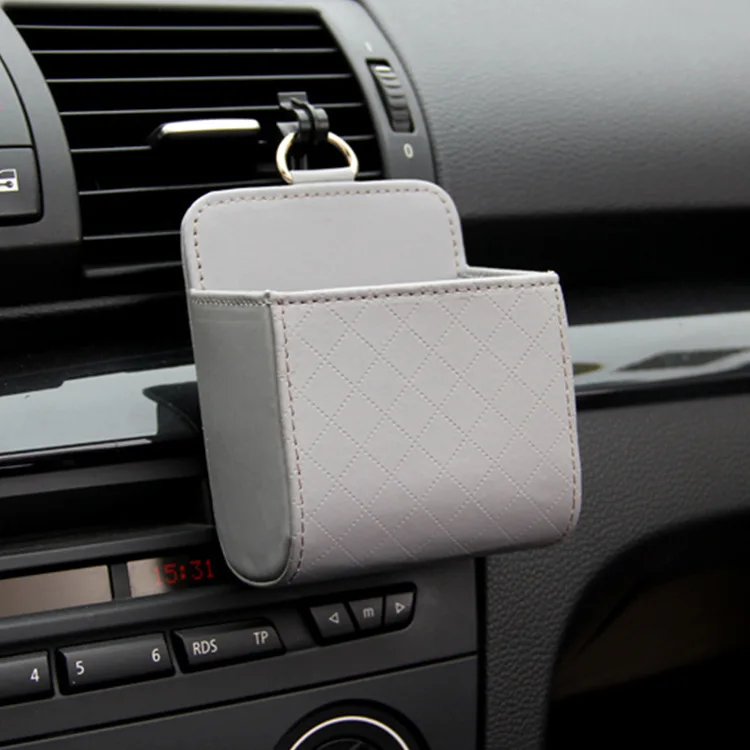 Universal Car Air Vent Organizer Box Storage Bag with Hook Auto Mount Outlet Hanging Leather Container Pocket Coin Phone Holder