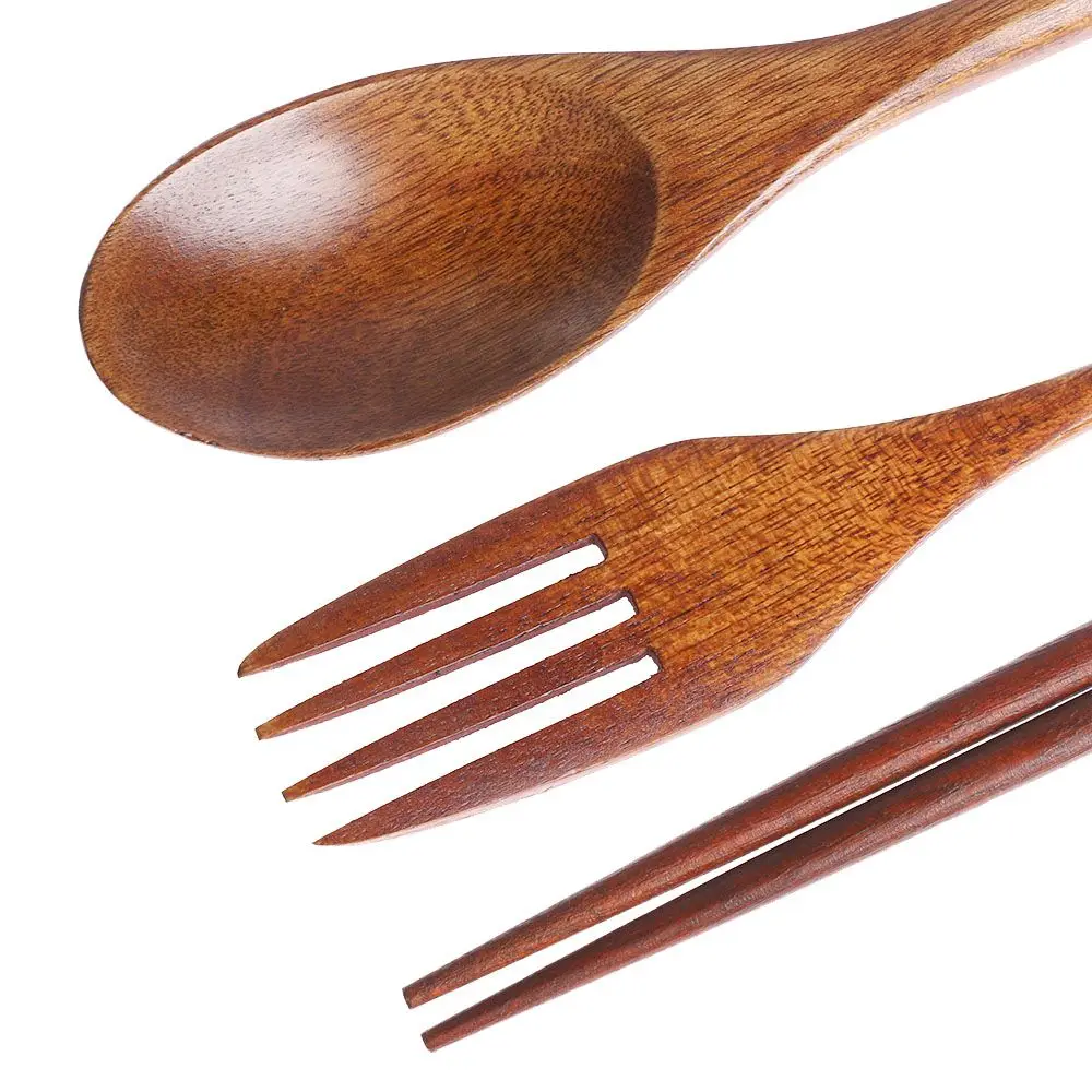 Description Picture 4 of itemJapanese Style Wooden Cutlery Sets Spoon Fork Chopsticks Portable Tableware Travel Dinnerware Suit with Cloth Pack Birthday Gift