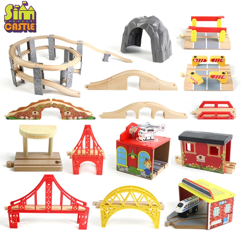 Wooden Track Railway Bridge Train Accessories Educational Toy Tunnel Cross Bridge Compatible Wood Block Track Toys for Children