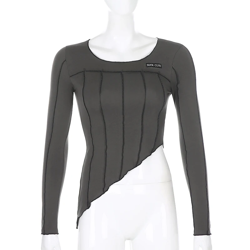 Reverse Stripe Irregular Women's T-shirts Harajuku Vintage Cotton Long Sleeve Soft Crewneck Cute Crop Top Tees Korean Iamhotty