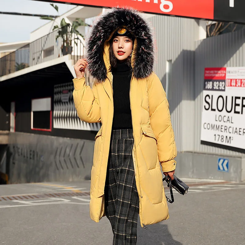 Зимние женские куртки Новая Мода Длинная женская парка 3XL большой размер с капюшоном с меховым воротником размера плюс зимнее пальто - Цвет: Цвет: желтый