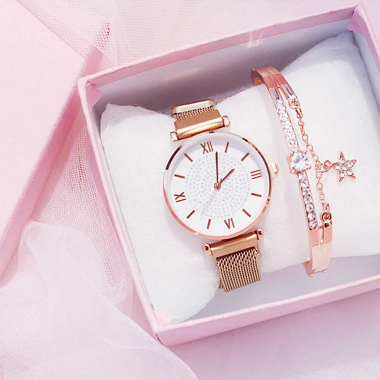 white bracelet box Женские часы браслет Подарочная коробка набор женские роскошные брендовые бриллиантовые Звездные золотые кварцевые наручные часы хрустальные магнитные стальные сетки reloj - Цвет: white bracelet box