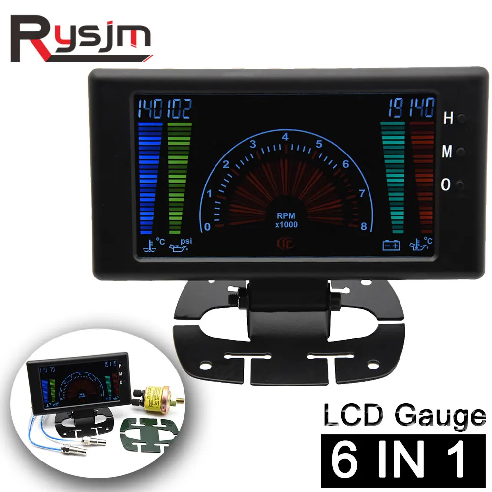 Clock Water Temp Oil Temp Volts Oil Press Car Gauge 5 LCD 6 in 1 Multiple FUnction Auto Gauge Meter Tachometer RPM